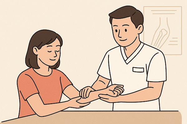 整形外科でテニス肘のリハビリをしている女性のイラスト